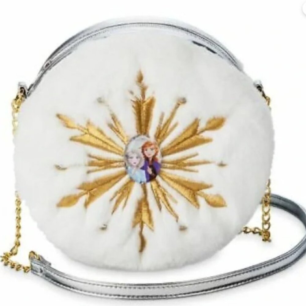 Disney Frozen Anna Elsa Snowflake Faux Fur Crossbody Purse Bag 7.5” Diameter